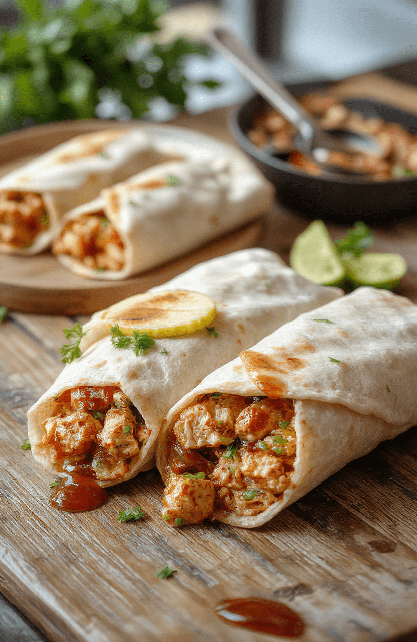 A colorful plate featuring golden-brown chicken pieces glazed in sweet chili sauce, wrapped in soft flour tortillas with fresh green lettuce and red bell peppers, garnished with chopped cilantro. The wraps are sliced open to show vibrant ingredients, set on a rustic wooden table with a light, neutral background.