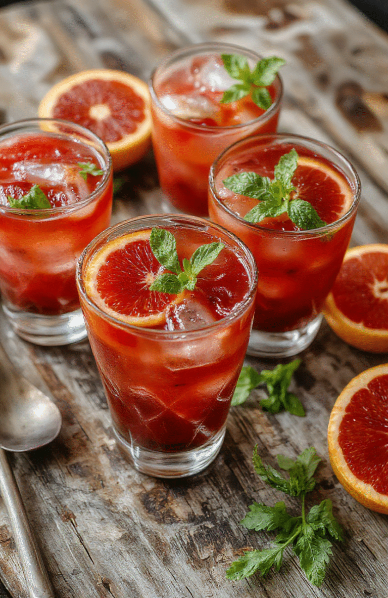 A vibrant glass of blood orange mojito with fresh mint leaves, juicy blood orange slices, and ice, stylishly plated on a rustic wooden surface with a sprig of mint and blood orange wedge for garnish, colorful and refreshing