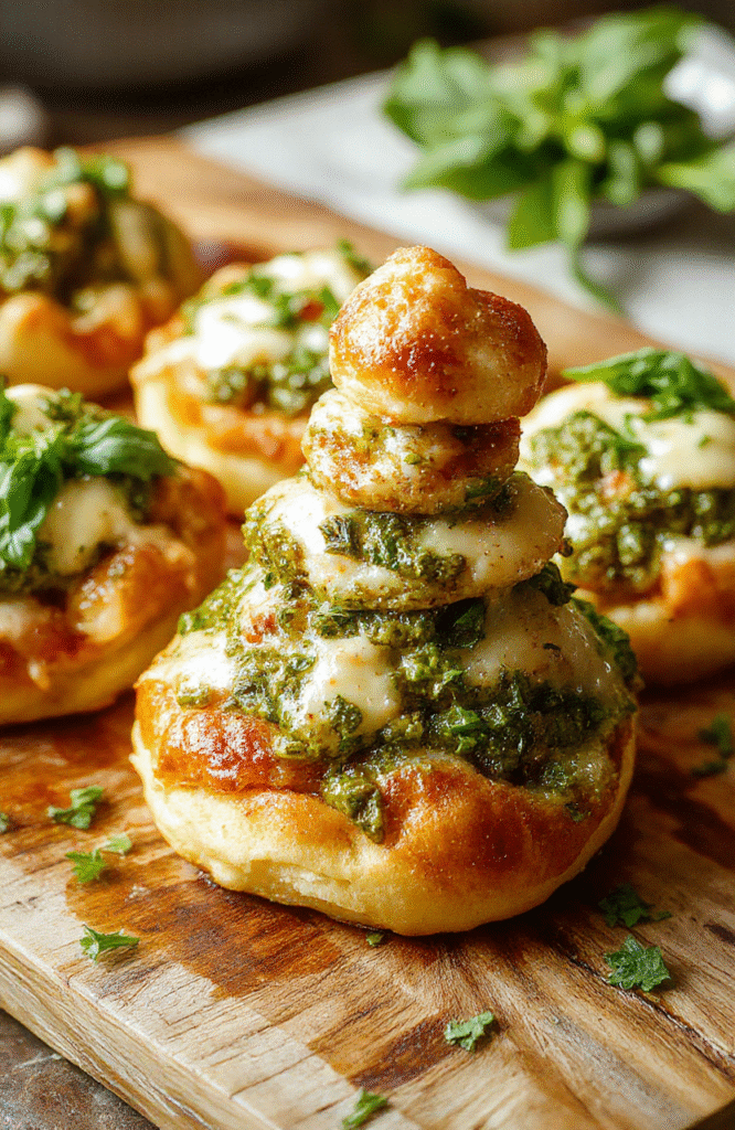 A golden brown puff pastry tree shaped like a festive Christmas tree, topped with vibrant green pesto and melted cheese, garnished with fresh basil leaves. The flaky layers are crispy and tender, with a glossy finish. The dish is styled on a rustic wooden board, surrounded by holiday decor, evoking a warm, festive holiday atmosphere.