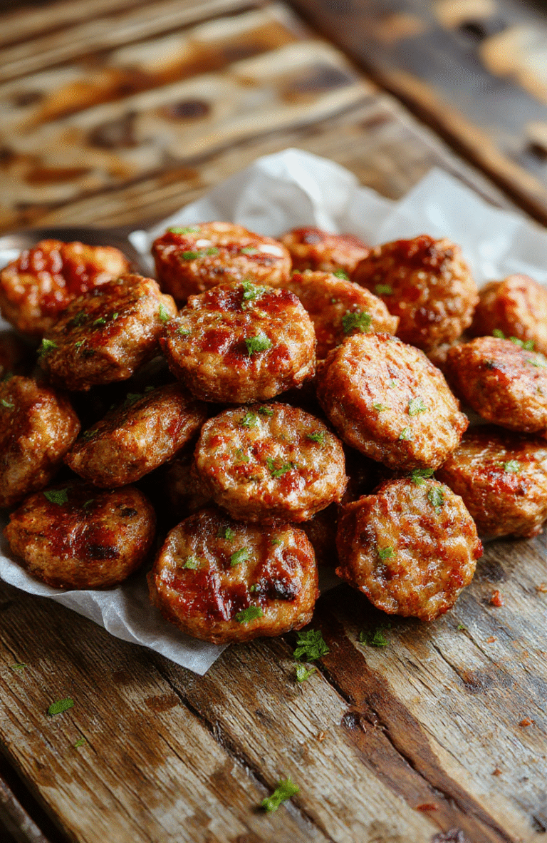 Colorful savory sausage bites arranged neatly on a white ceramic plate, crispy golden edges, tender sausage filling, garnished with fresh herbs, styled on a rustic wooden table with natural light highlighting textures.