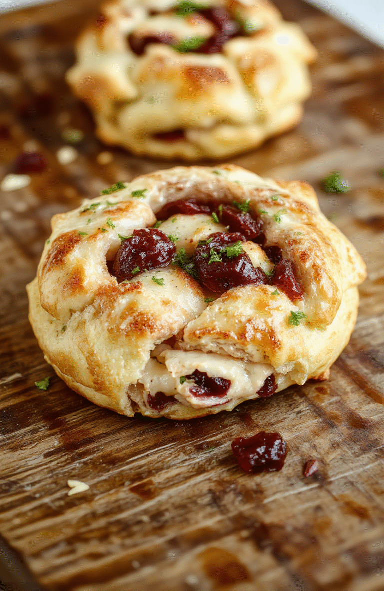A golden-brown crescent ring filled with cooked turkey, vibrant cranberry sauce, and melted cheese, arranged beautifully on a white platter, garnished with fresh herbs, shot in natural daylight with a soft background.