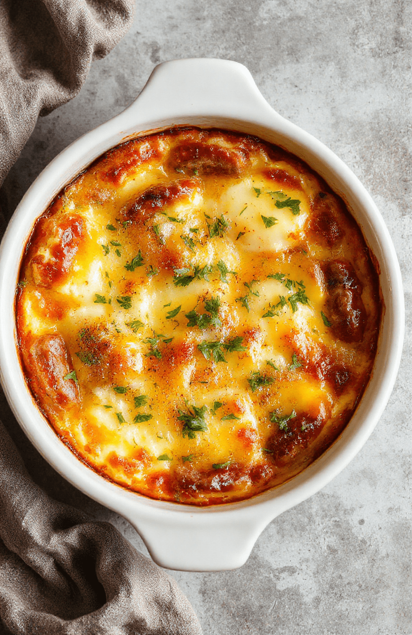 A colorful baked sausage egg casserole in a white ceramic dish, topped with melted cheese and fresh herbs, slices revealing fluffy eggs, sausage chunks, and golden edges, styled for a cozy breakfast setting.