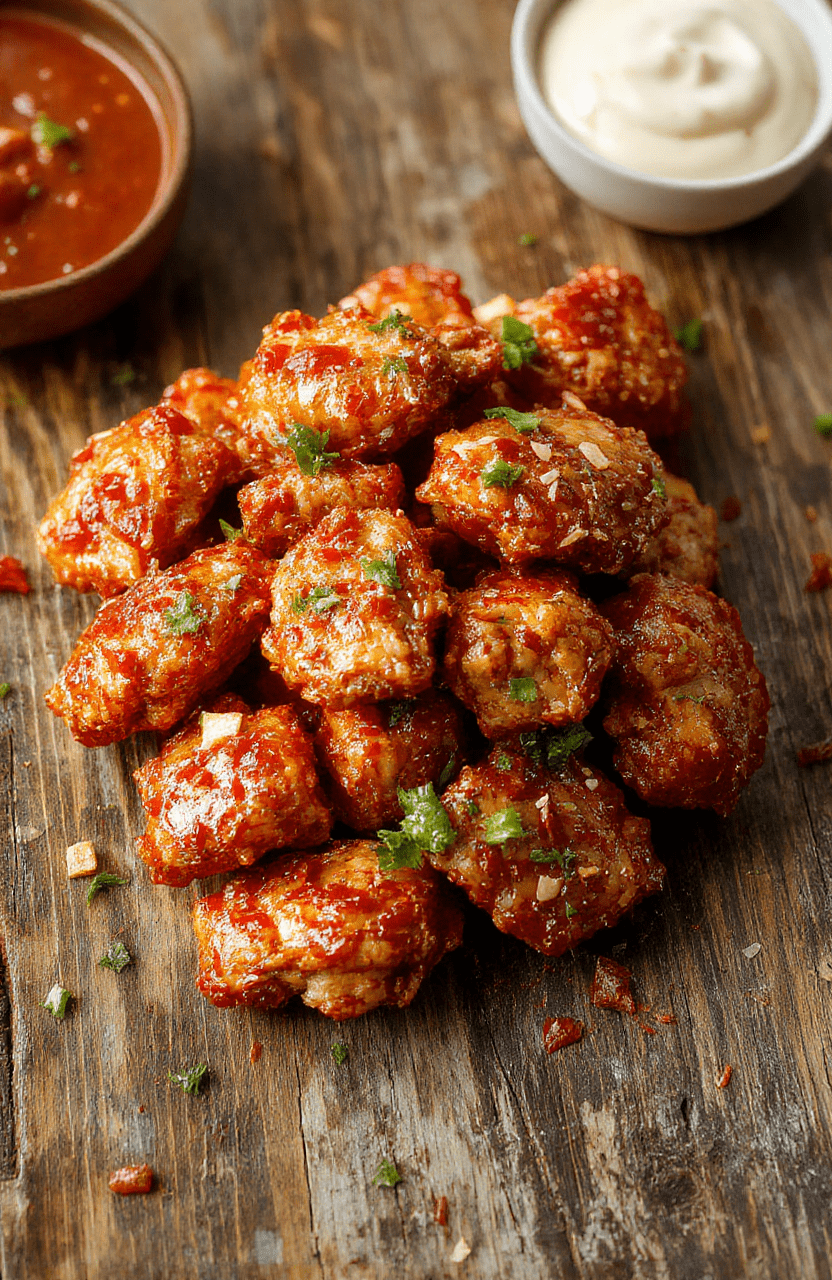 A vibrant plate of Spicy Firecracker Chicken featuring crispy golden-brown chicken bites glazed with a fiery red and orange sauce, garnished with chopped scallions and sesame seeds, arranged on a rustic white plate. The dish shows a glossy, spicy sauce with sesame seeds adding texture, set against a neutral background with a hint of Asian-inspired decor.