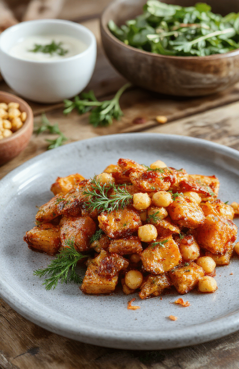 Colorful roasted carrots coated with spices, topped with golden crispy chickpeas, served on a rustic white plate. The vibrant orange carrots contrast with the crispy beige chickpeas, garnished with fresh herbs, creating an appetizing and inviting presentation.