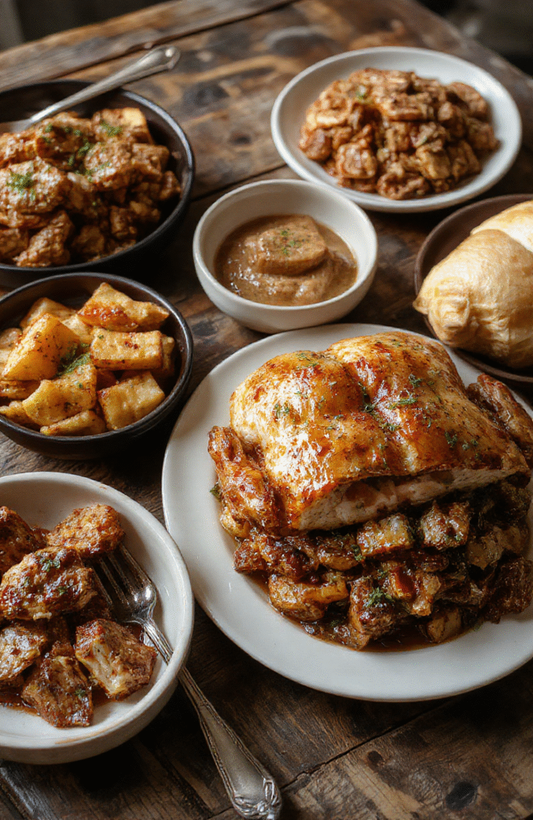 A vibrant Thanksgiving table featuring a beautifully arranged feast with turkey, sides, and desserts. The table is set with seasonal decorations, warm lighting, and colorful dishes showcasing textures like crispy roasted vegetables and tender meats, styled elegantly to evoke a cozy holiday atmosphere.