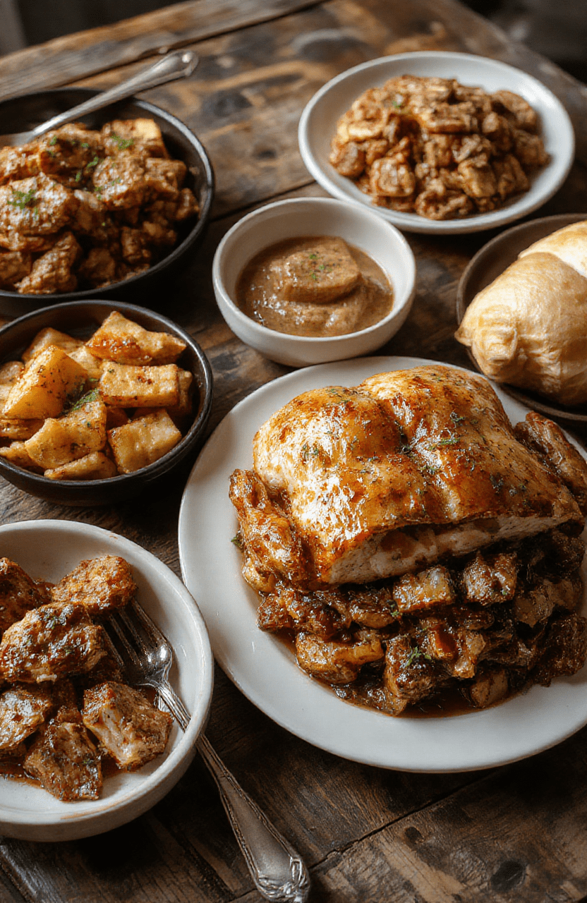 A vibrant Thanksgiving table featuring a beautifully arranged feast with turkey, sides, and desserts. The table is set with seasonal decorations, warm lighting, and colorful dishes showcasing textures like crispy roasted vegetables and tender meats, styled elegantly to evoke a cozy holiday atmosphere.