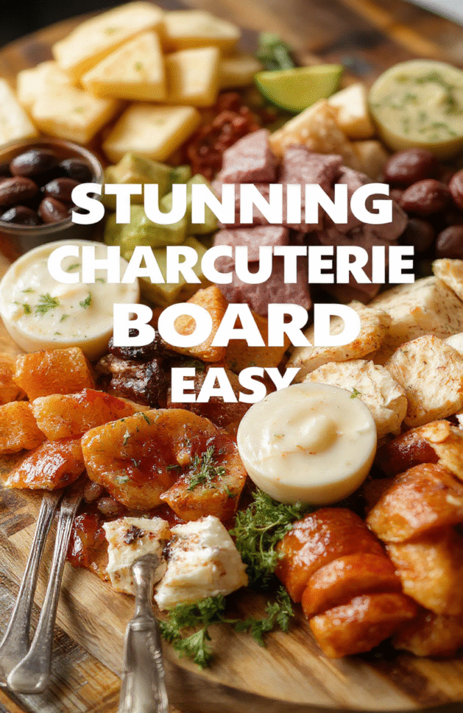 A large, colorful charcuterie board featuring an artful arrangement of assorted cured meats, cheeses, fresh fruits, nuts, and crackers. The board is styled with vibrant reds, oranges, and greens, with textures ranging from smooth cheeses to crisp crackers and juicy fruits. Elegant garnishes like herbs and edible flowers add a refined touch, all presented on a rustic wooden surface with a casual yet sophisticated vibe.