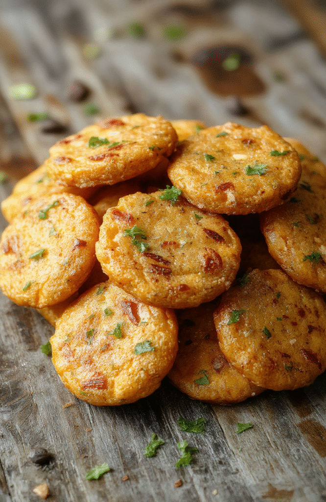 Colorful crispy sweet potato rounds arranged neatly on a rustic white plate, garnished with fresh herbs, showcasing their golden-brown crispy edges and tender interiors, styled with a vibrant background of seasonings and fresh ingredients for a warm, inviting look.