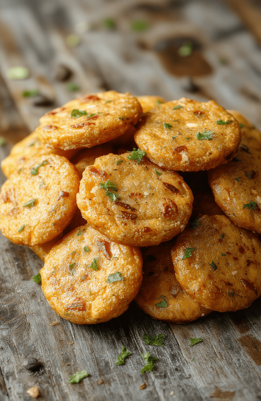 Colorful crispy sweet potato rounds arranged neatly on a rustic white plate, garnished with fresh herbs, showcasing their golden-brown crispy edges and tender interiors, styled with a vibrant background of seasonings and fresh ingredients for a warm, inviting look.