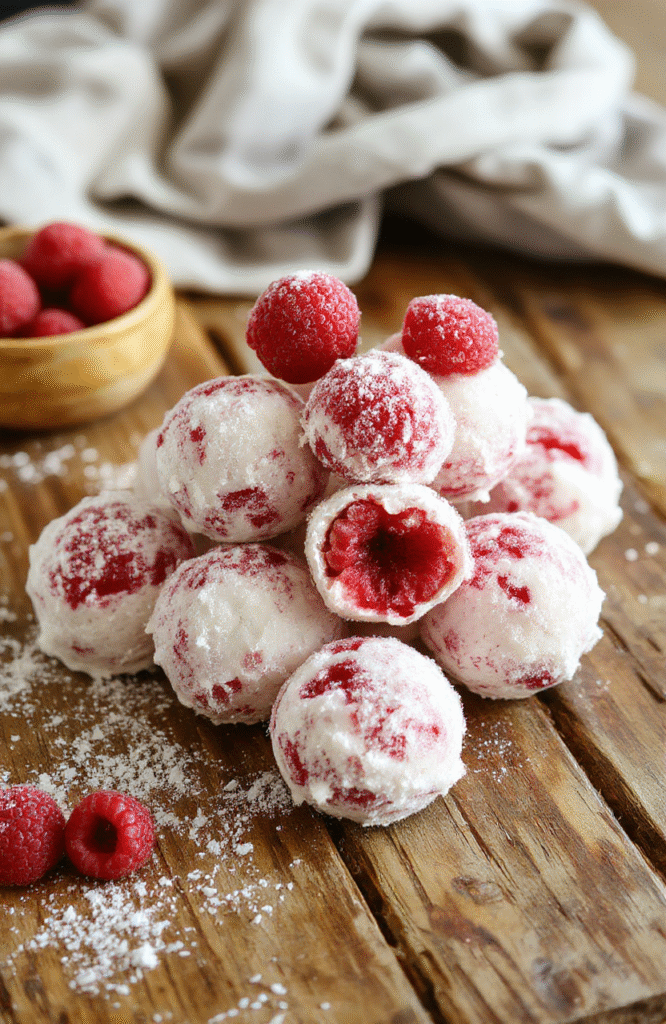 Colorful raspberry snowballs arranged on a white plate with powdered sugar dusting, surrounded by fresh raspberries and holiday decorations, textured surface with a festive and inviting look.