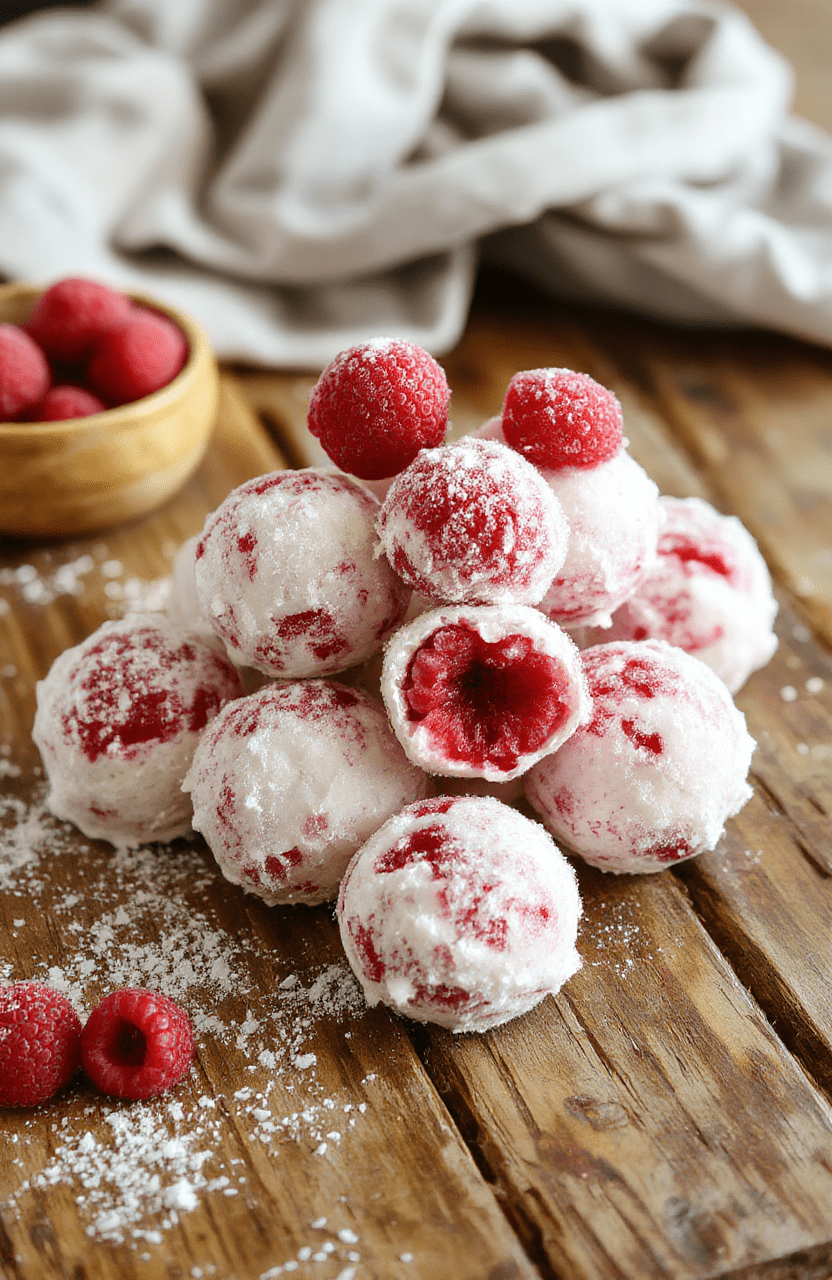 Colorful raspberry snowballs arranged on a white plate with powdered sugar dusting, surrounded by fresh raspberries and holiday decorations, textured surface with a festive and inviting look.