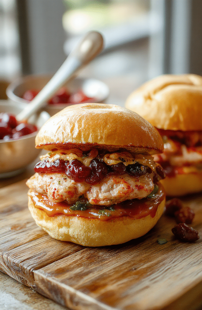 Colorful turkey cranberry sliders arranged neatly on a white platter, garnished with fresh herbs and cranberry sauce, with a soft toasted bun and juicy turkey filling, styled on a rustic wooden background