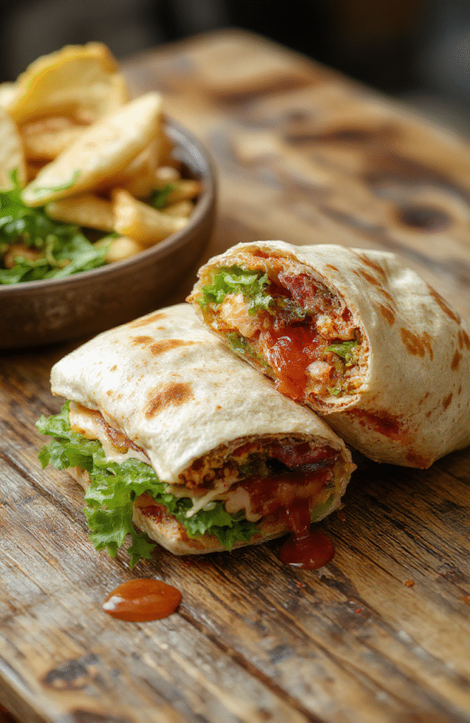 A vibrant plate of Ultimate BLT Wraps garnished with fresh greens, showcasing crispy bacon, ripe tomatoes, and crunchy romaine lettuce wrapped in soft tortillas, styled with minimalistic background, emphasizing textures and colors, perfect for an appetizing food photo.
