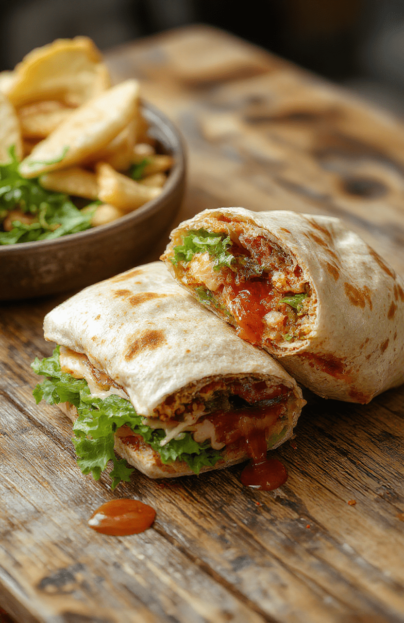 A vibrant plate of Ultimate BLT Wraps garnished with fresh greens, showcasing crispy bacon, ripe tomatoes, and crunchy romaine lettuce wrapped in soft tortillas, styled with minimalistic background, emphasizing textures and colors, perfect for an appetizing food photo.