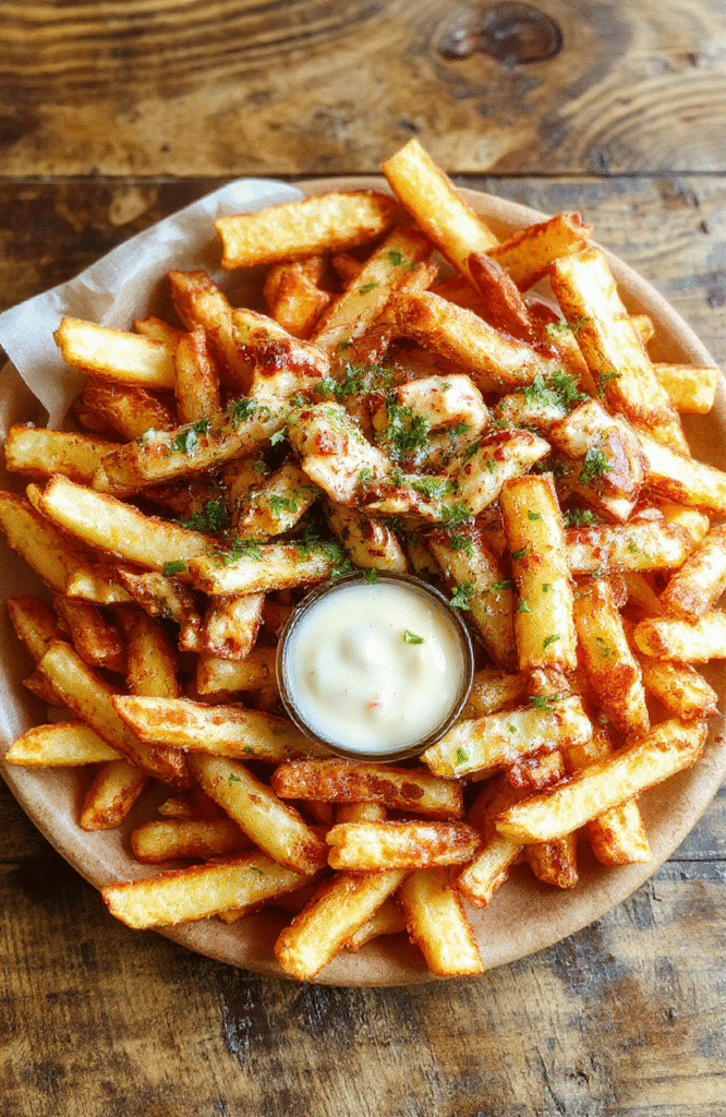 A vibrant and inviting French fry board featuring golden crispy fries arranged beautifully with assorted toppings, dipping sauces, and garnishes on a rustic wooden platter. The fries are steaming and crisp, complemented by colorful sides including cheese, bacon bits, herbs, and vibrant sauces, styled with rustic props and fresh ingredients for a festive party appearance.