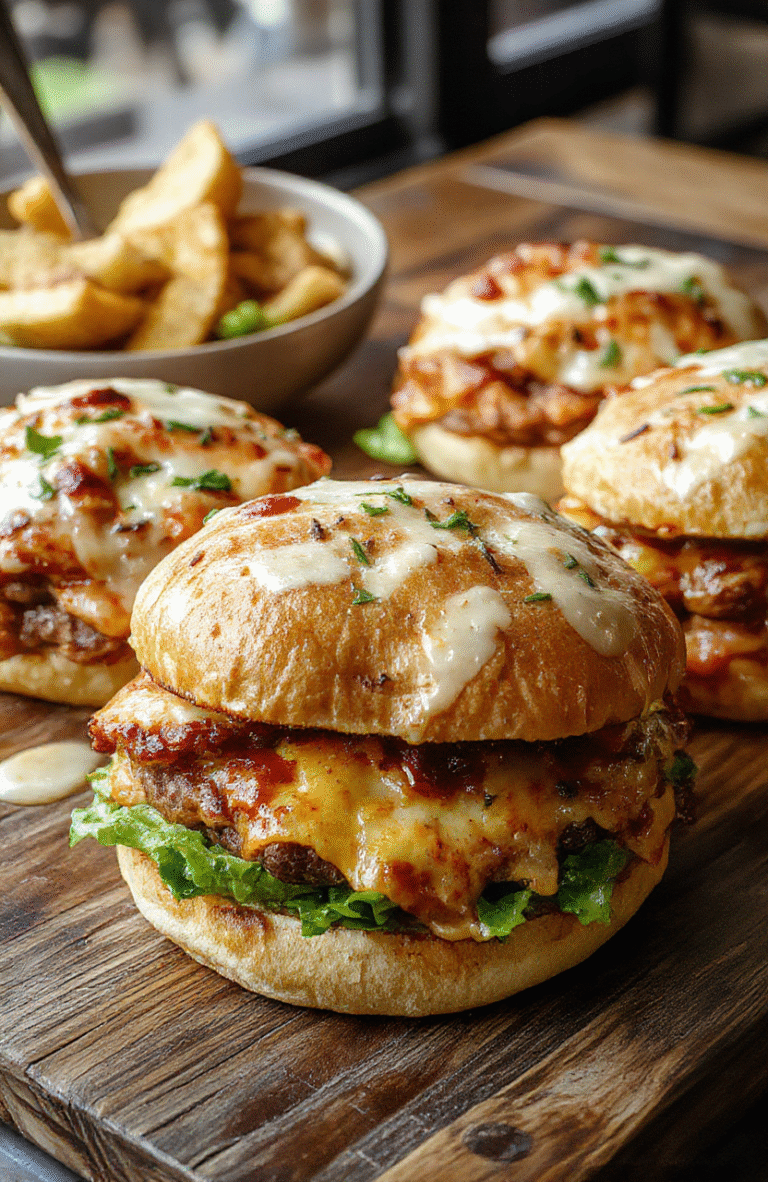 A vibrant plate featuring a juicy pizza burger with melted cheese, crispy bacon, fresh tomatoes, and basil, perfectly stacked on a toasted bun, with a side of crispy fries and dipping sauce, styled casually with a rustic wooden background and natural daylight.