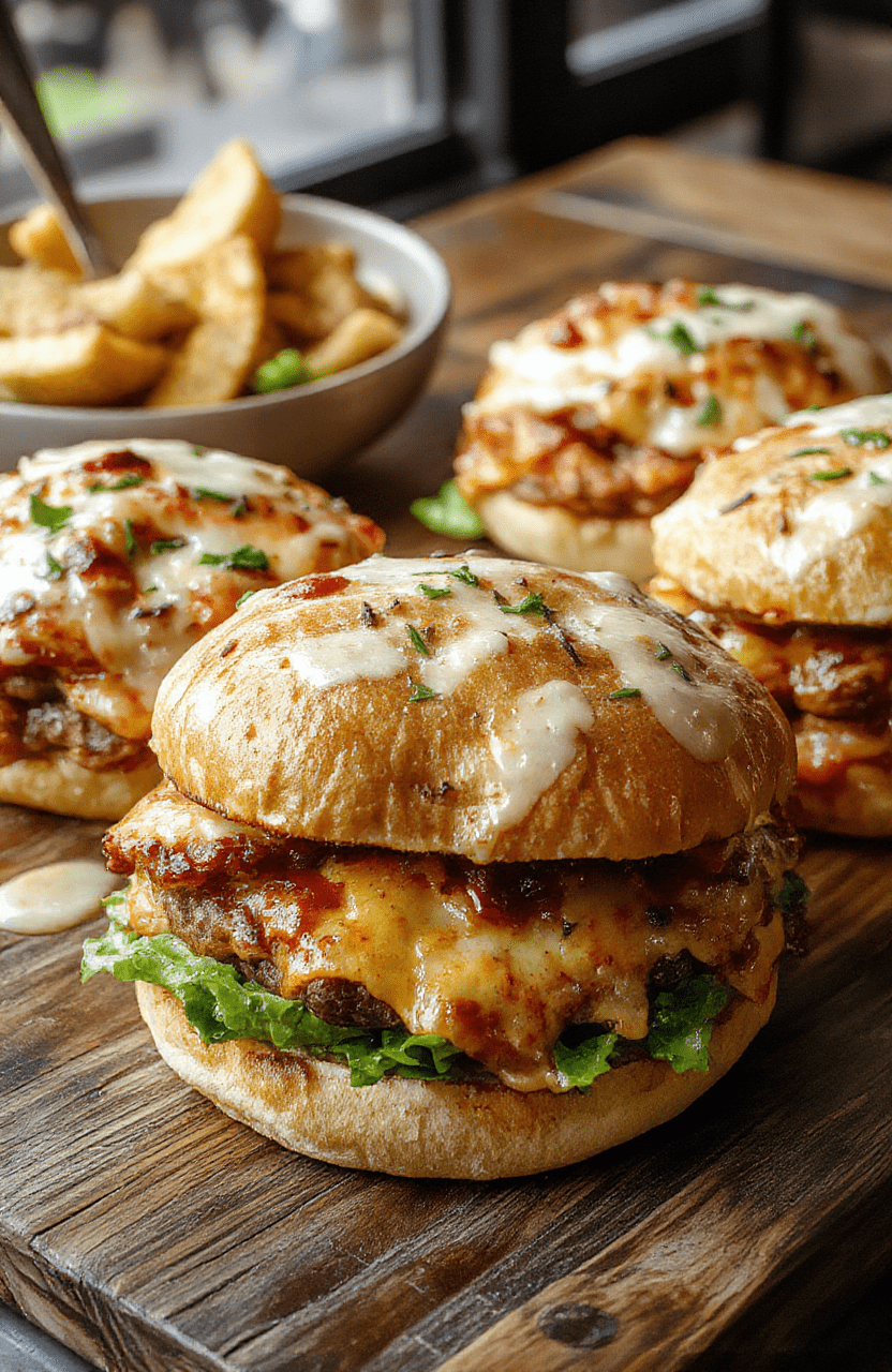 A vibrant plate featuring a juicy pizza burger with melted cheese, crispy bacon, fresh tomatoes, and basil, perfectly stacked on a toasted bun, with a side of crispy fries and dipping sauce, styled casually with a rustic wooden background and natural daylight.