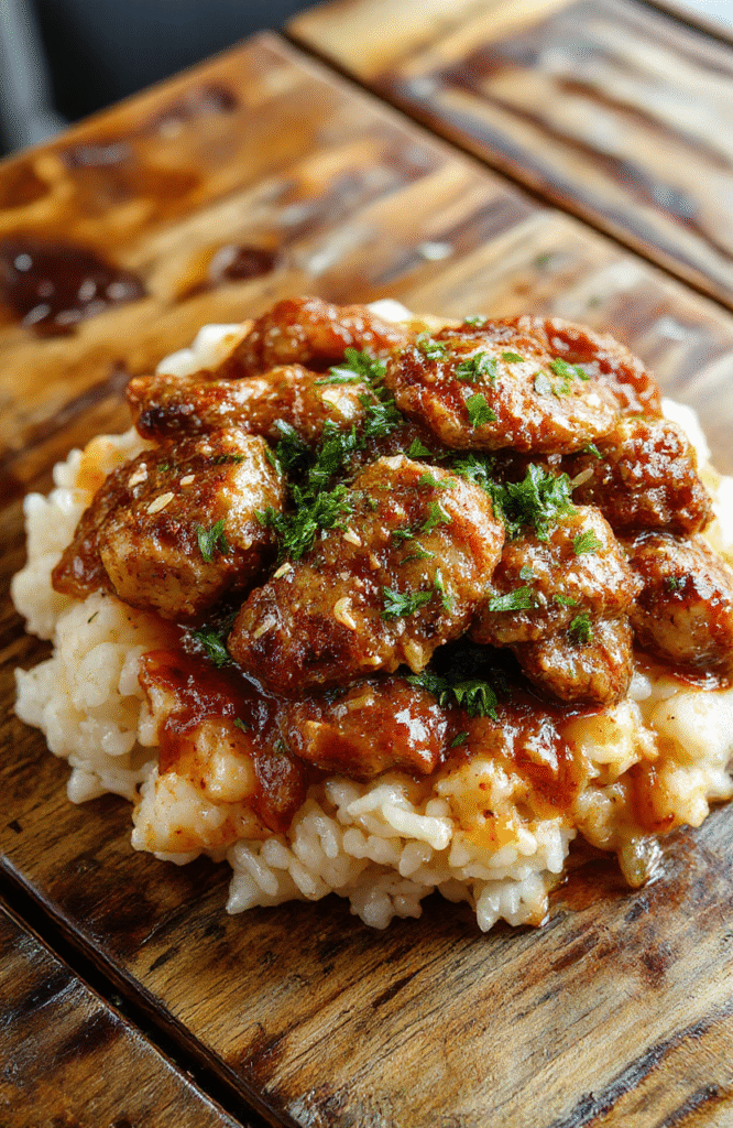 A vibrant plate of smothered chicken and rice featuring tender chicken breasts topped with rich gravy, surrounded by fluffy rice, colorful vegetables, and garnished with fresh herbs, styled simply on a rustic wooden surface.