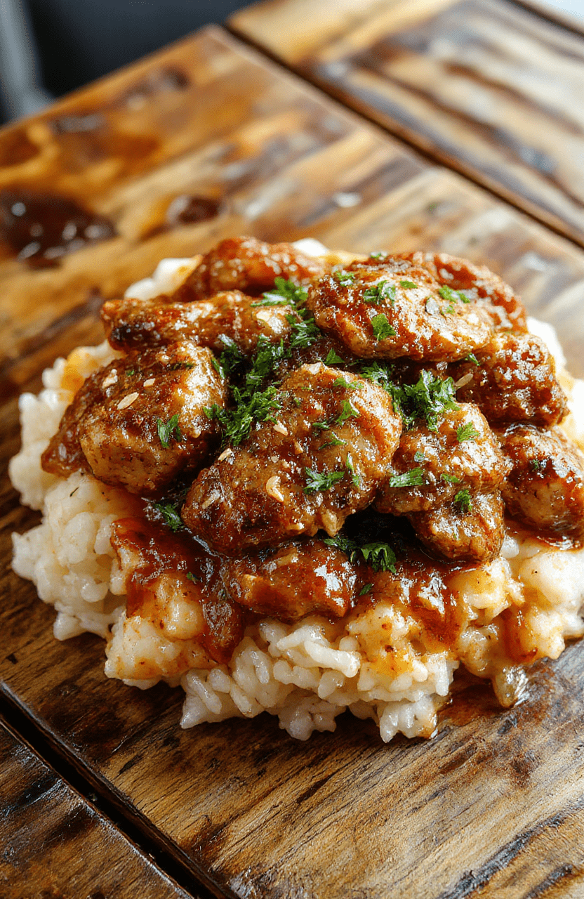A vibrant plate of smothered chicken and rice featuring tender chicken breasts topped with rich gravy, surrounded by fluffy rice, colorful vegetables, and garnished with fresh herbs, styled simply on a rustic wooden surface.