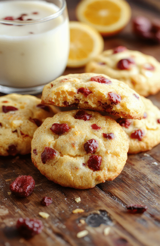 A vibrant plate of orange cranberry cookies with a glossy glaze, garnished with fresh cranberries and orange zest, styled on a rustic wooden surface with a festive background, showcasing their bright orange color and textured surface.