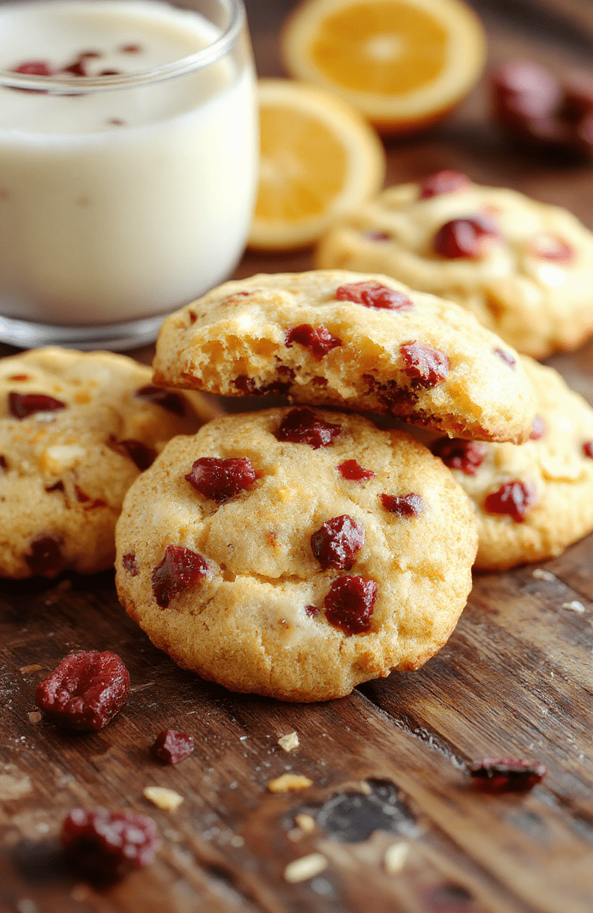 A vibrant plate of orange cranberry cookies with a glossy glaze, garnished with fresh cranberries and orange zest, styled on a rustic wooden surface with a festive background, showcasing their bright orange color and textured surface.