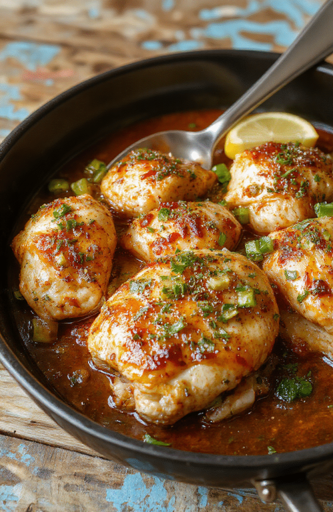 A vibrant golden-brown chicken skillet topped with sliced pepperoncini peppers, garnished with fresh herbs, served on a rustic wooden table with a colorful background, showcasing textures from the tender chicken to the tangy peppers and crispy edges.