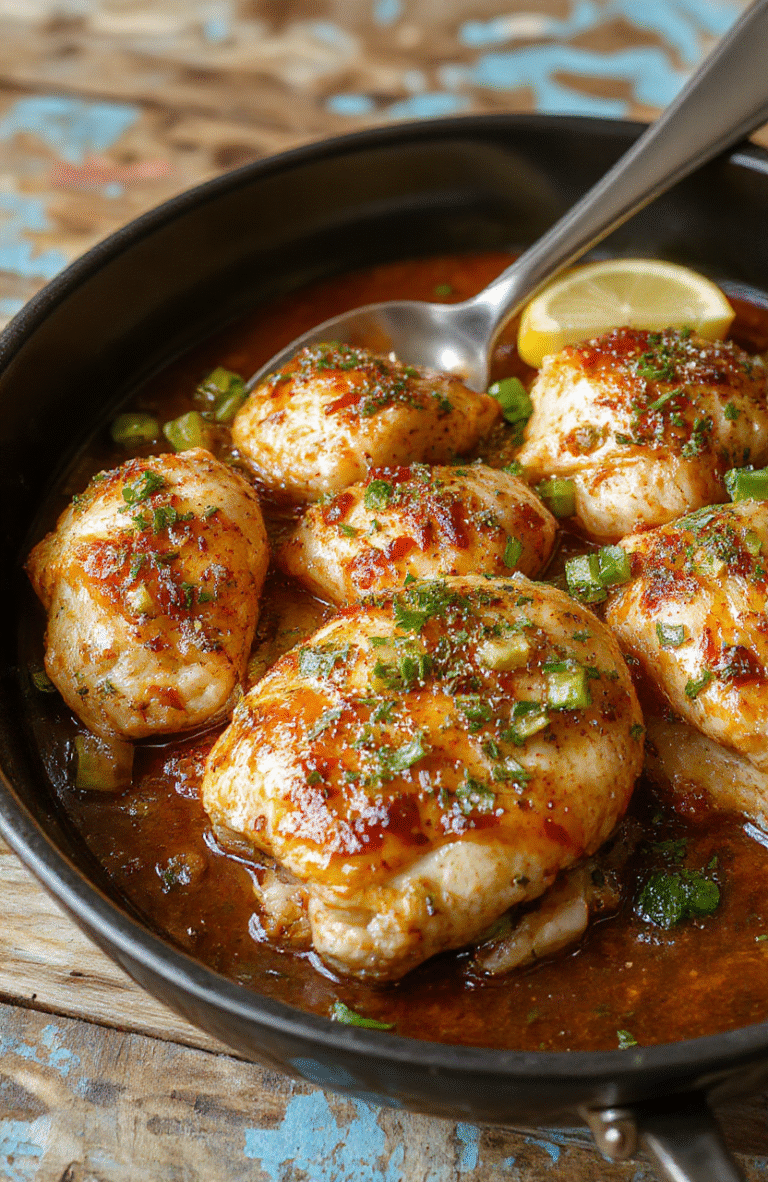 A vibrant golden-brown chicken skillet topped with sliced pepperoncini peppers, garnished with fresh herbs, served on a rustic wooden table with a colorful background, showcasing textures from the tender chicken to the tangy peppers and crispy edges.