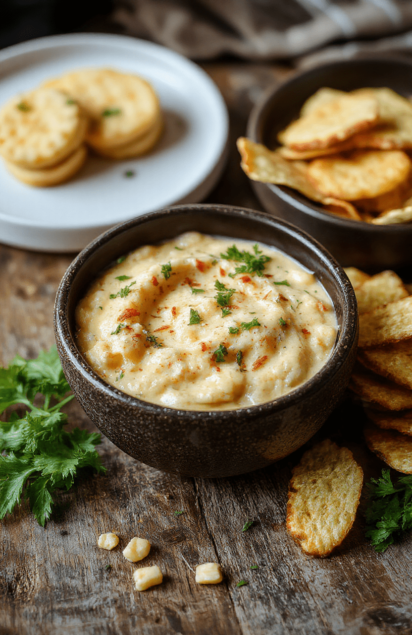 A vibrant bowl of hot crack corn dip filled with crispy popcorn, melted cheese, and sprinkled with green herbs, styled on a rustic wooden table with a warm, inviting ambiance.