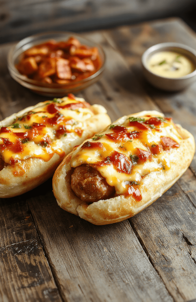 Colorful air fryer grilled cheese hot dogs plated on a rustic wooden surface, featuring golden toasted bread wrapped around juicy hot dogs and melted cheese, garnished with fresh herbs, with a crispy texture visible on the bread and gooey cheese pulling apart.