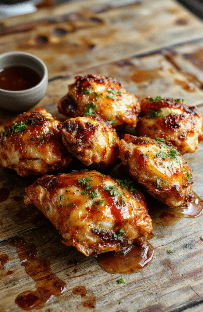 A vibrant plate of baked crunchy hot honey chicken topped with a drizzle of spicy honey glaze, served alongside fresh greens and sesame seeds, capturing a glossy, crispy texture with a hint of red chili flakes, styled simply on a rustic wooden board.
