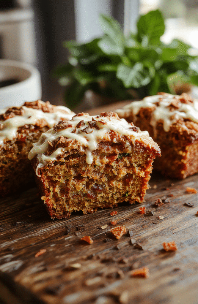 A vibrant carrot cake banana bread slice topped with cream cheese frosting and grated carrots, placed on a rustic wooden board with scattered walnuts and cinnamon, with a soft-focus background highlighting the warm colors and textured crumb of the cake.