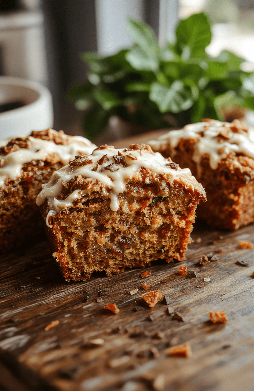 A vibrant carrot cake banana bread slice topped with cream cheese frosting and grated carrots, placed on a rustic wooden board with scattered walnuts and cinnamon, with a soft-focus background highlighting the warm colors and textured crumb of the cake.
