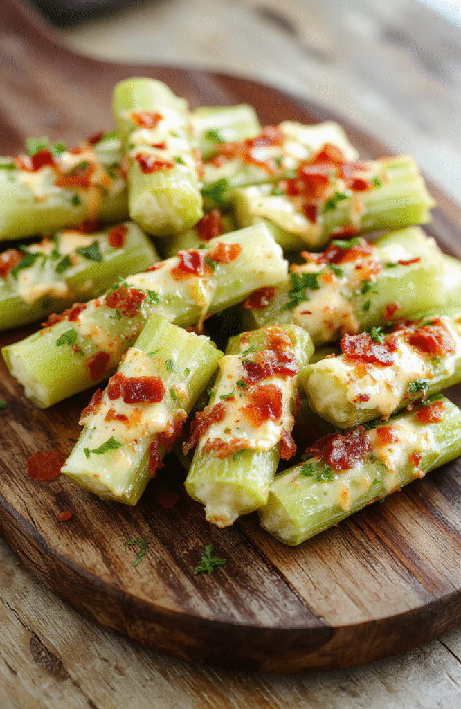 Colorful stuffed celery sticks topped with melted cheddar cheese, crispy bacon bits, and green ranch dressing, arranged on a rustic wooden platter with fresh herbs for garnish, highlighting the creamy textures and vibrant colors.
