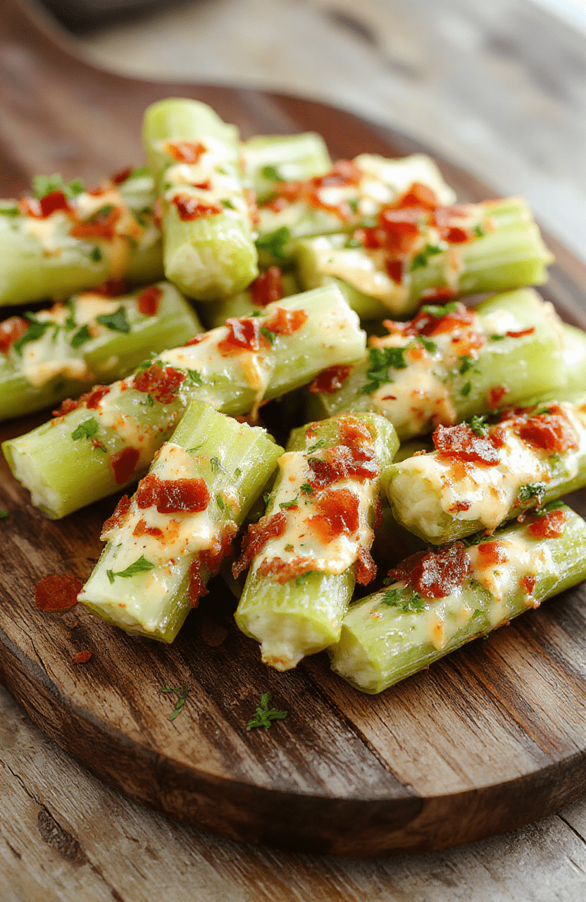 Colorful stuffed celery sticks topped with melted cheddar cheese, crispy bacon bits, and green ranch dressing, arranged on a rustic wooden platter with fresh herbs for garnish, highlighting the creamy textures and vibrant colors.