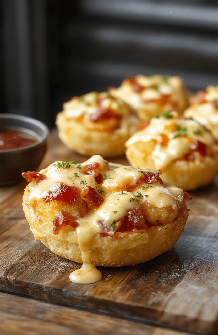 Colorful Tater Tot Cups topped with melted cheese, crispy bacon bits, green onions, served on a white plate with a rustic wooden table background, textures of gooey cheese and crunchy bacon visible, styled simply to highlight the savory ingredients and crispy edges.