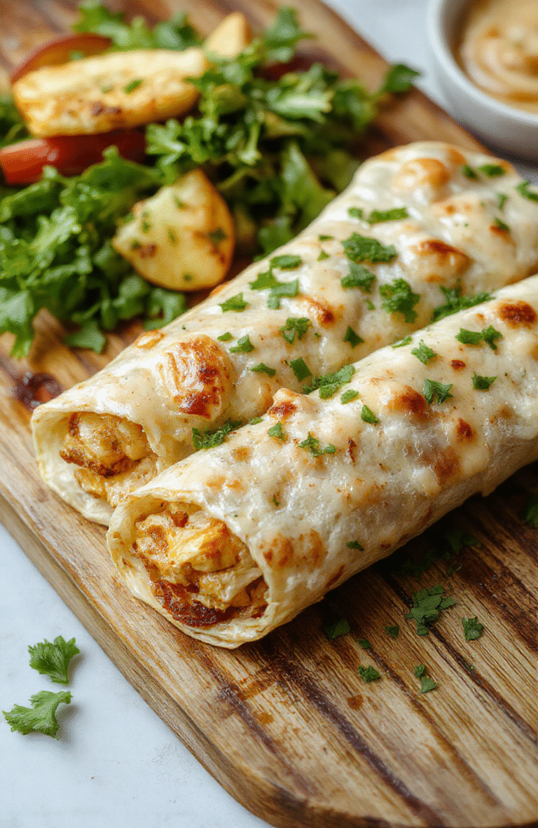 A vibrant plate featuring golden-brown chicken strips wrapped in soft flour tortillas, oozing with melted cheese, topped with fresh chopped parsley and drizzled with garlic sauce, presented on a rustic wooden platter with a side of crisp salad.