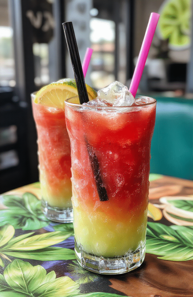 A vibrant blue Baja Blast drink in a clear glass with ice, garnished with a lime wedge, set on a bright colorful surface. The drink's vivid blue color contrasts with the fresh lime, and the condensation on the glass suggests coldness. The background is blurred with hints of tropical decor, creating a lively and refreshing atmosphere.