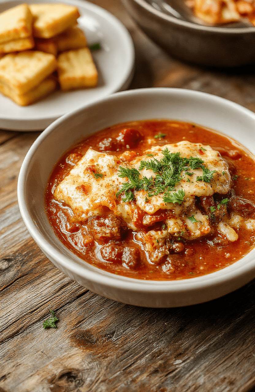 A steaming bowl of hearty lasagna soup with layers of melted cheese, fresh basil, and ground meat, topped with grated Parmesan. The bowl rests on a rustic wooden table with a spoon ready to enjoy, showcasing rich textures and vibrant colors.
