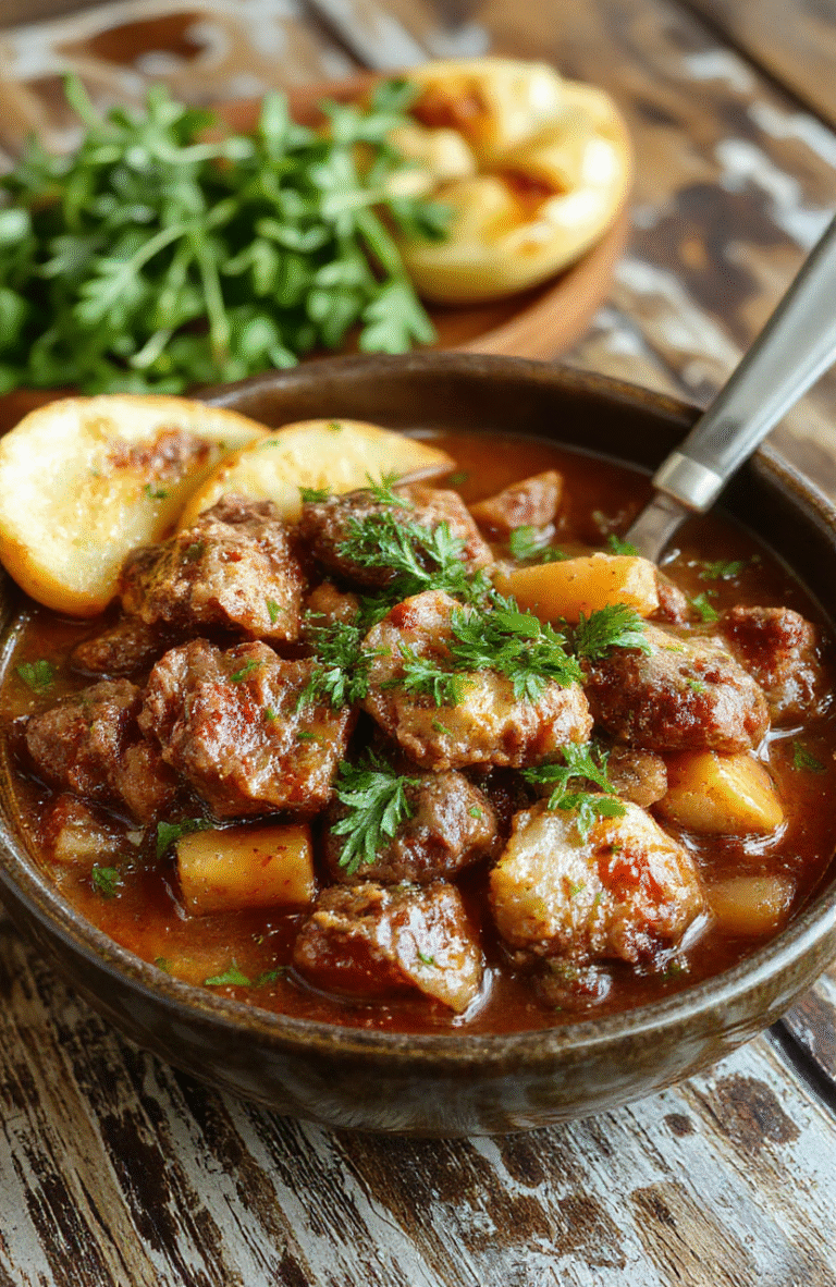 A warm, hearty beef stew served in a rustic bowl. Rich brown gravy with tender chunks of beef, carrots, potatoes, and celery garnished with fresh herbs. The stew is steaming, showcasing a thick, savory sauce and colorful vegetables, styled on a wooden table with a cozy, inviting atmosphere.