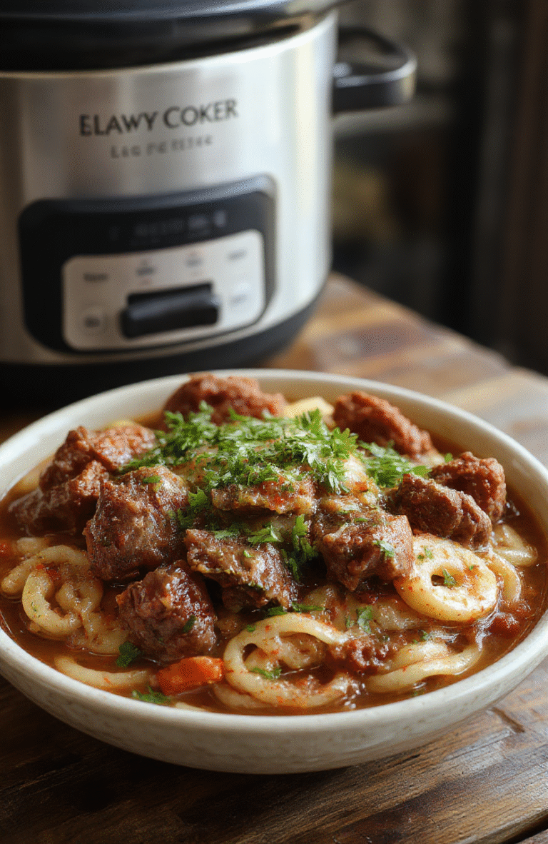 A rustic bowl filled with tender slow-cooked beef chunks and thick noodles garnished with fresh herbs, set on a wooden table with a cozy background, showcasing warm tones and hearty textures, steam rising from the dish.