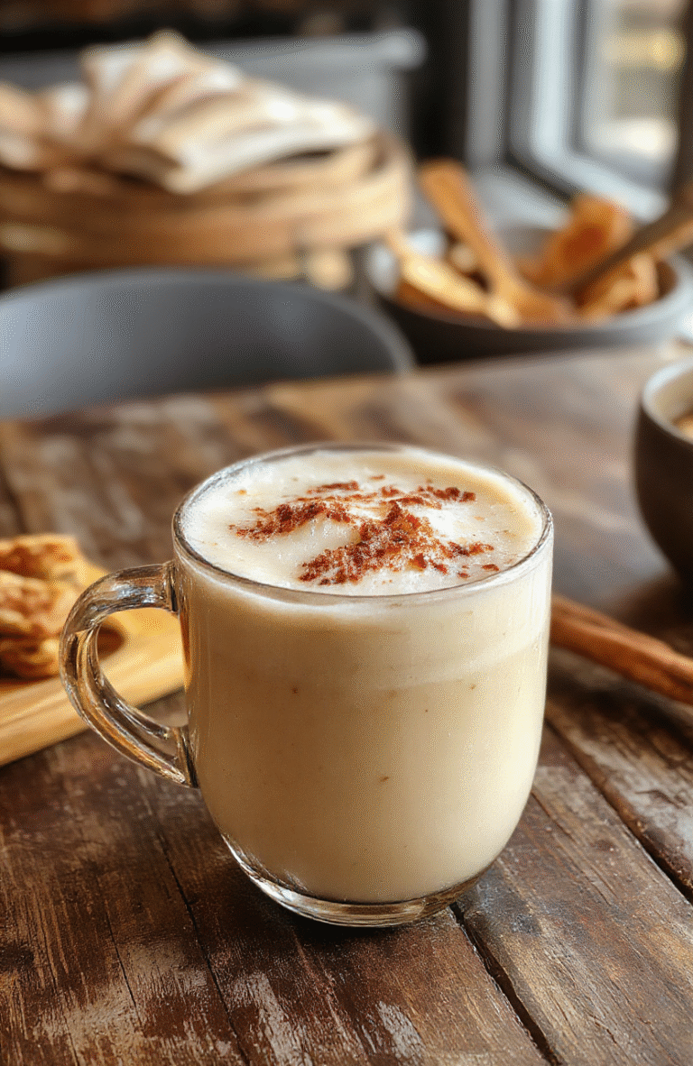 A warm vanilla cinnamon latte in a clear glass mug topped with whipped cream and a sprinkle of cinnamon, with swirls of vanilla syrup on the surface. The drink is styled on a rustic wooden table, with a cinnamon stick and vanilla bean for garnish. Soft natural lighting enhances the cozy, inviting textures and warm tones.