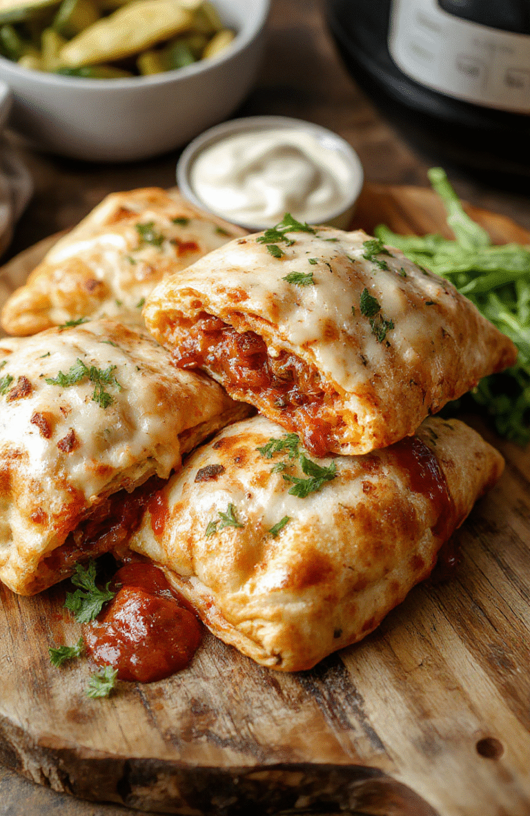 A golden-brown air fryer calzone placed on a rustic wooden platter, sliced open to reveal melty cheese and savory fillings, with a side of fresh basil leaves, vibrant red sauce drizzled on top, styled casually with a fork beside. The background features a light-colored countertop with natural daylight highlighting the crispy texture and gooey interior.