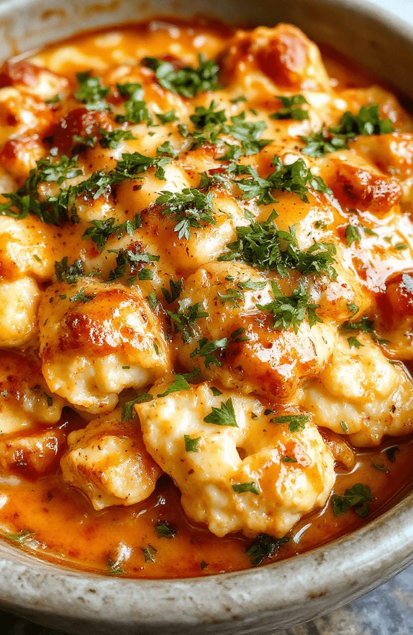 A vibrant cauliflower casserole topped with golden melted cheese, chunks of shredded buffalo chicken, drizzled with spicy buffalo sauce, garnished with green herbs, served in a rustic ceramic dish with a creamy texture visible, colorful peppers and celery sticks on the side add freshness, styled in a cozy kitchen setting with natural light.