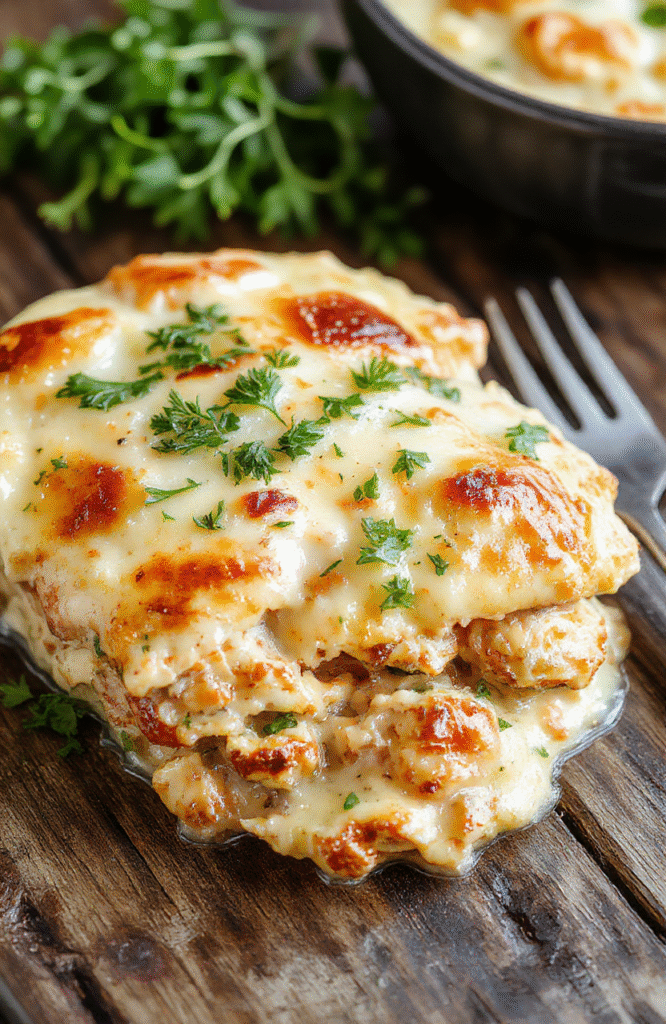 A creamy chicken casserole in a white baking dish topped with melted cheese and fresh herbs, surrounded by vibrant vegetables, styled on a rustic wooden table with a soft natural light highlighting the textures.