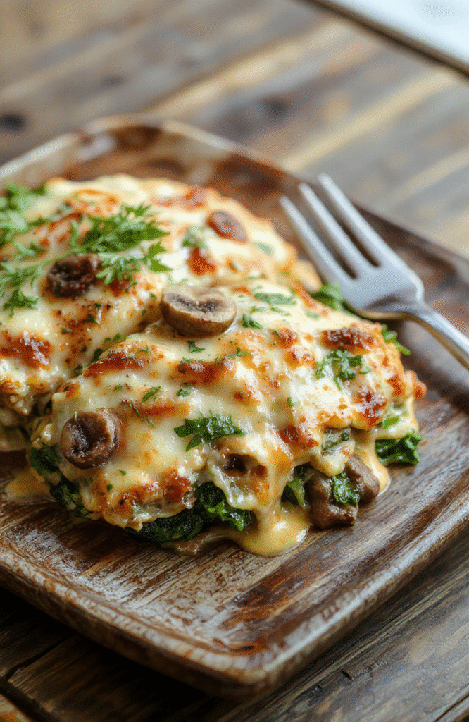 A vibrant serving of mushroom and spinach lasagna on a rustic wooden table, showcasing layers of golden cheesy pasta, sautéed mushrooms and fresh spinach. The dish is garnished with chopped herbs and a side of rustic bread, with a creamy sauce oozing slightly from the slice. The scene features warm lighting and a cozy ambiance, perfect for weeknight dinners.