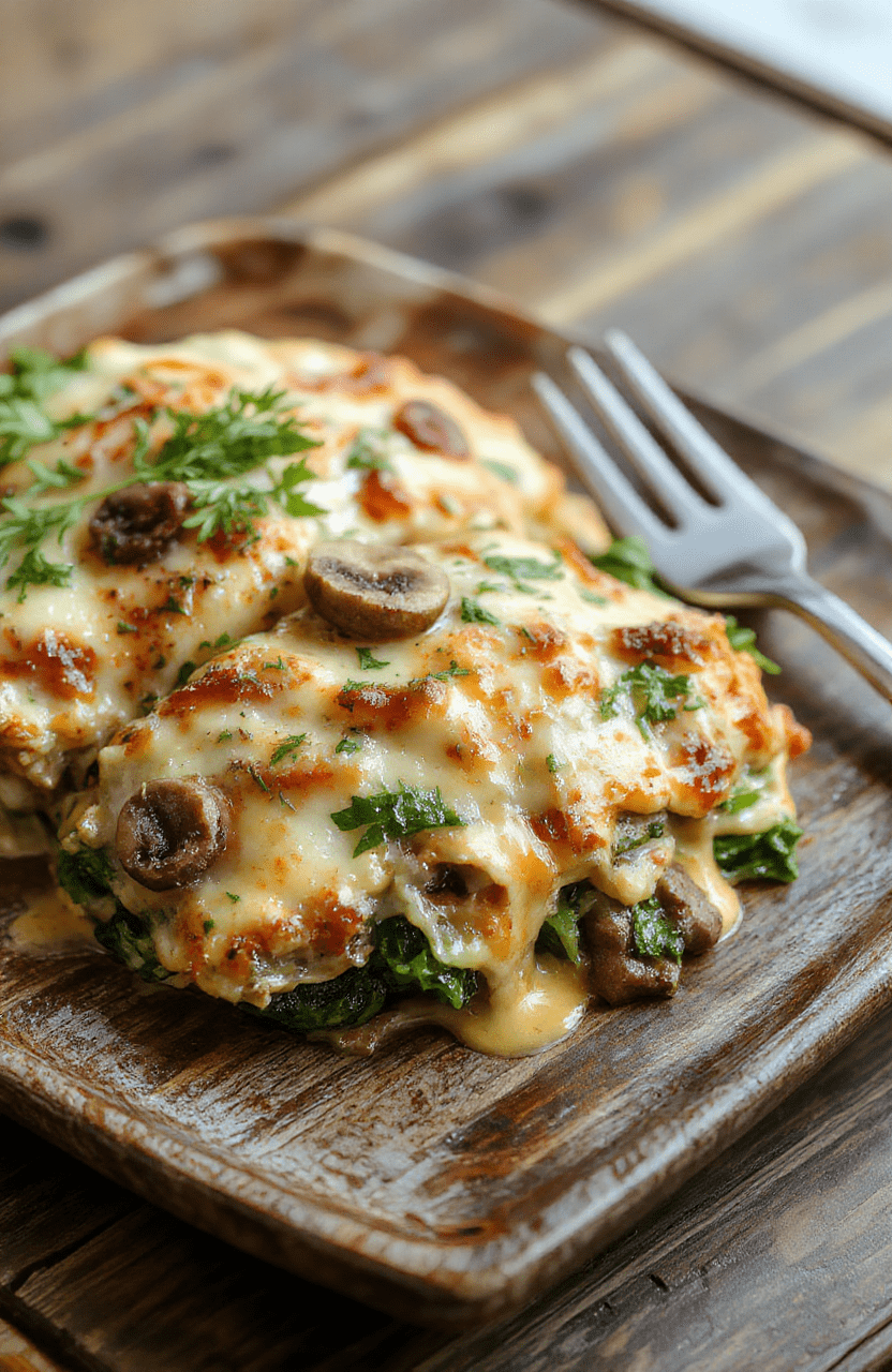 A vibrant serving of mushroom and spinach lasagna on a rustic wooden table, showcasing layers of golden cheesy pasta, sautéed mushrooms and fresh spinach. The dish is garnished with chopped herbs and a side of rustic bread, with a creamy sauce oozing slightly from the slice. The scene features warm lighting and a cozy ambiance, perfect for weeknight dinners.