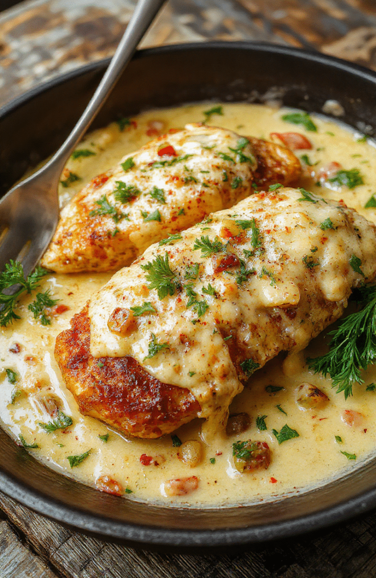 A vibrant skillet featuring tender chicken breasts topped with sliced green pepperoncini peppers and creamy sauce, garnished with fresh herbs, set on a rustic wooden table with a colorful napkin nearby.