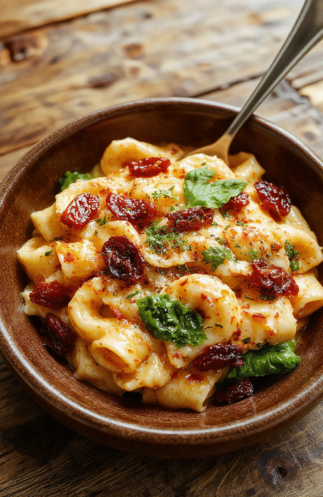 A vibrant plate of creamy sun-dried tomato spaghetti topped with fresh spinach, garnished with herbs, served on a rustic wooden table with a colorful background, showcasing the rich textures and bright colors of the dish.