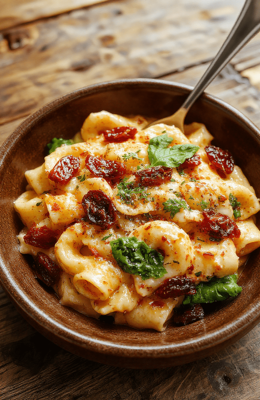 A vibrant plate of creamy sun-dried tomato spaghetti topped with fresh spinach, garnished with herbs, served on a rustic wooden table with a colorful background, showcasing the rich textures and bright colors of the dish.
