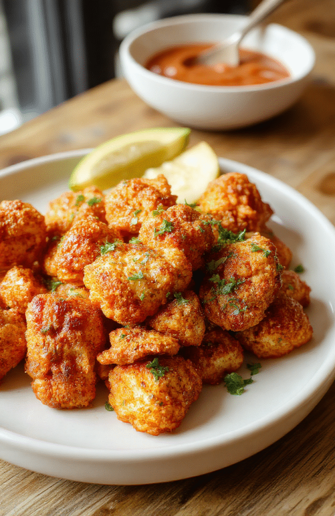 Golden-brown crispy cauliflower florets coated in spicy buffalo sauce, served on a white plate with a side of celery sticks and blue cheese dressing, garnished with fresh parsley, vibrant orange and green hues, textures of crispy cauliflower and creamy dressing contrasting.